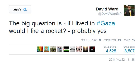 تغريدة تبرر اطلاق الصواريخ الغزية على اسرائيل تحرج نائبا بريطانيا صورة رقم 1