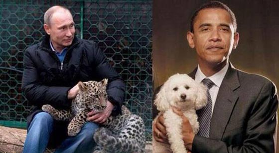 اوباما وبوتين في صحبة الحيوانات.. الاول مع كلب والثاني مع فهد صورة رقم 1