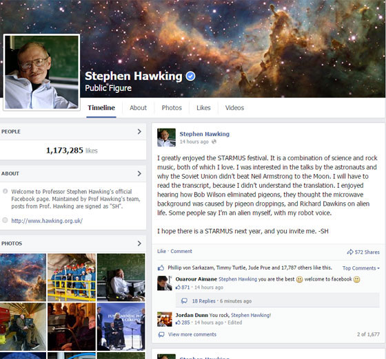 العالم العبقري ستيف هوكينج يحصد مليون إعجاب في فيس بوك خلال ساعات صورة رقم 1