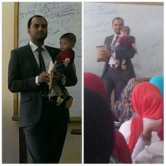  صور رائعة: أستاذ جامعي يحمل طفل طالبته الباكي ويتابع المحاضرة  صورة رقم 5