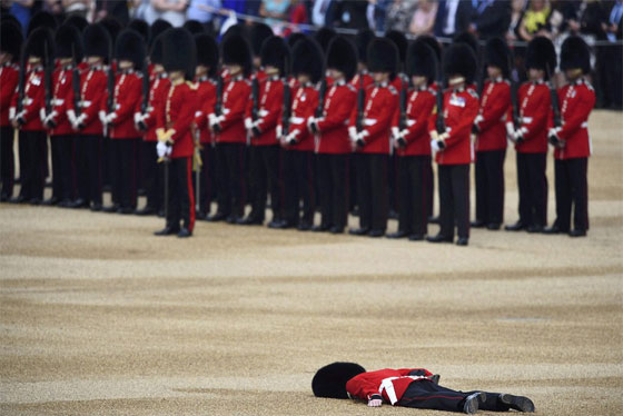  صور حارس ملكي بريطاني ينهار اثناء استعراض بسبب قبعته صورة رقم 1