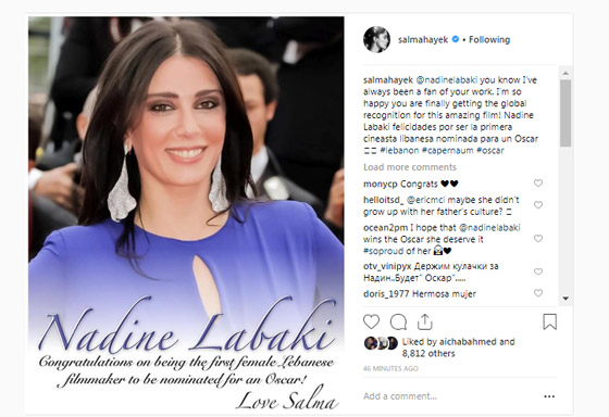 سلمى حايك تهنئ المخرجة اللبنانية نادين لبكي على الترشيح للأوسكار صورة رقم 1