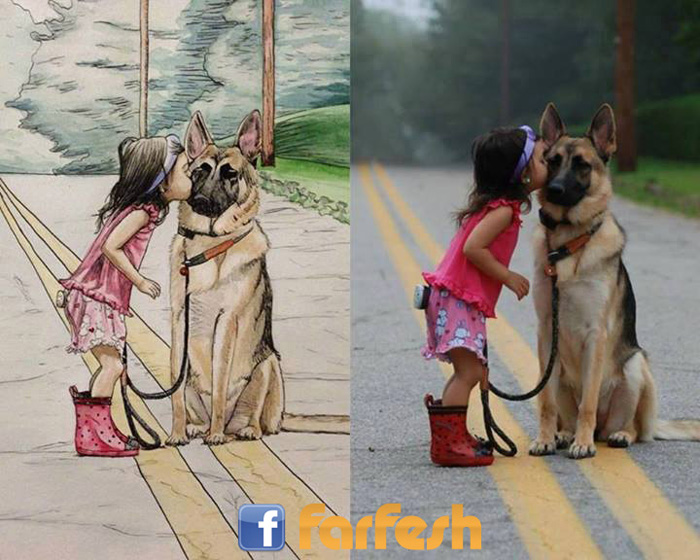 رسم بالألوان المائية لفتاة وكلبها