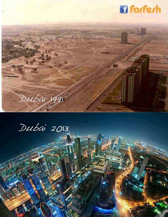 دبي_الإمارات ، هكذا كانت في 1991 إلى أن اكتمل البنيان عام 2013 !!!