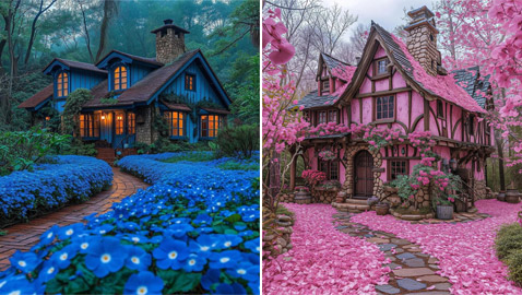 صور مدهشة لمنزل وردي وحديقة زرقاء.. حقيقة أم خيال؟!