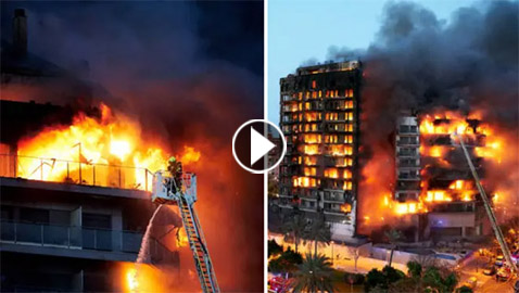 فيديو حريق يلتهم مبنى سكني بدقائق بإسبانيا.. والسكان يقفزون من الشرفات